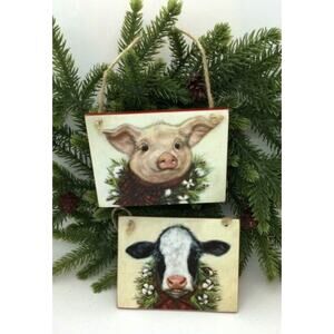 Cow & Pink Pig Ornaments Black White Wooden Farmhouse Rustic Christmas Tree